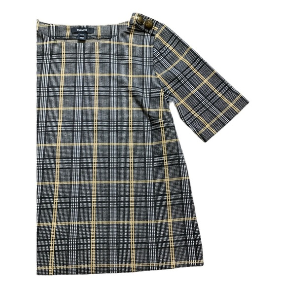 RW&Co Woven Plaid Blouse With Military Shoulder Detail & Crop Sleeves Grey Sz XS - Picture 3 of 9